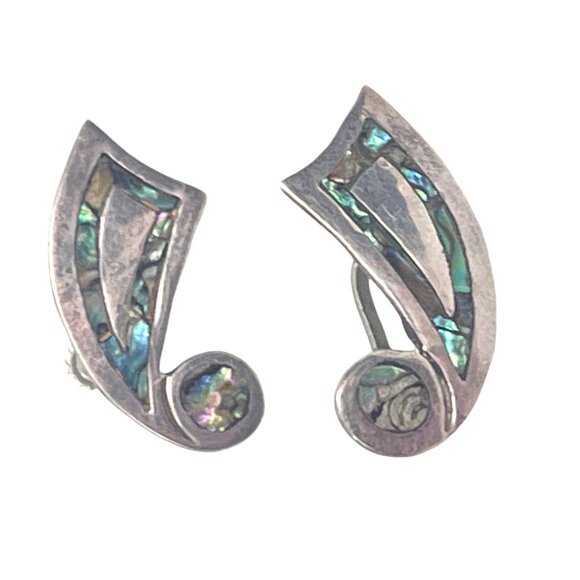 Vintage Abalone and  Sterling Silver Screw Back Earrings Marked B Taxco Sterling - Picture 2 of 8